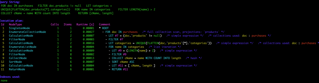ArangoDB Query Profiler Output (Console)
