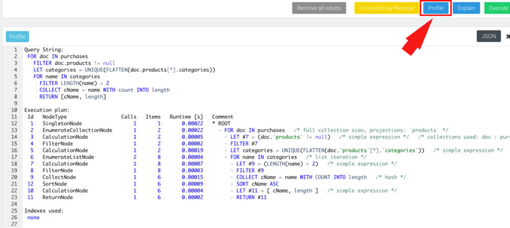 ArangoDB Query Profiler Output (WebUI)
