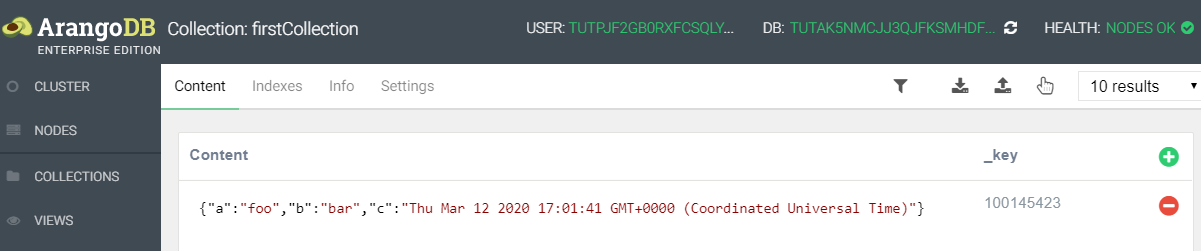 Image of WebUI showing firstCollection